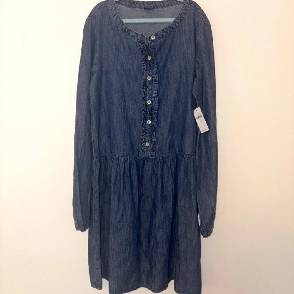 NEW NWT Girls Gap Long Sleeve Denim Ruffle Chambray Dress size Large